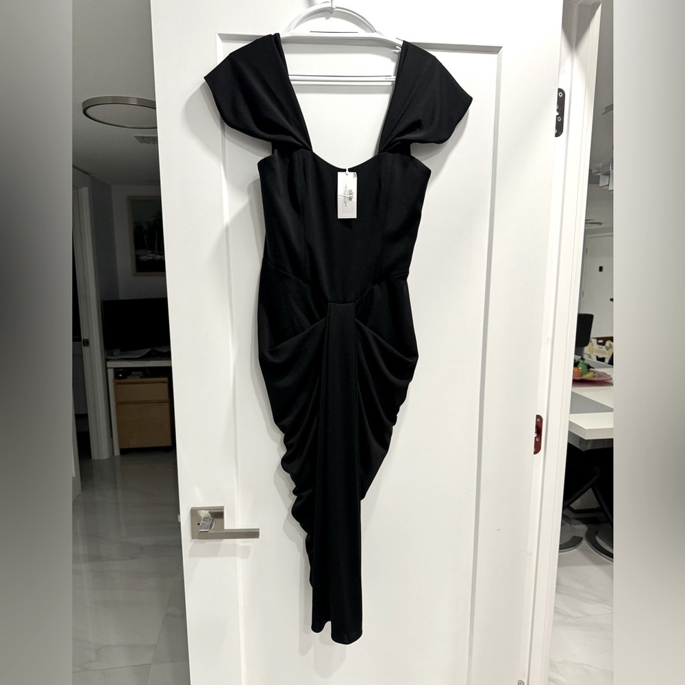 LBV. Draped Cocktail midi-mini black dress. Back hidden zip. Size S.New with tag